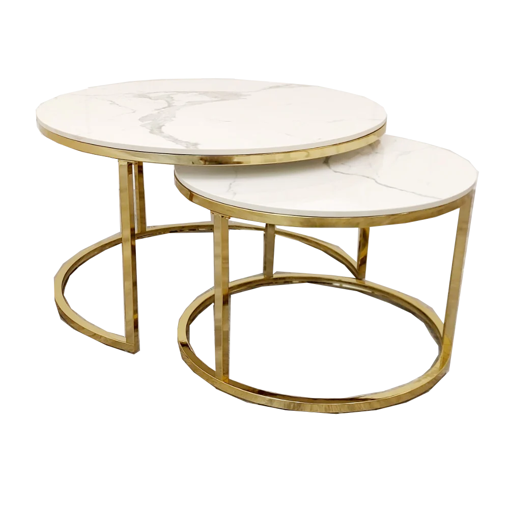 Halo Nest of 2 Short Round Coffee Gold Tables with Polar White Sintered Stone Tops