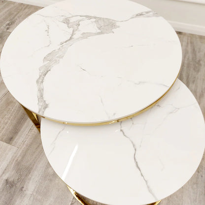 Halo Nest of 2 Short Round Coffee Gold Tables with Polar White Sintered Stone Tops