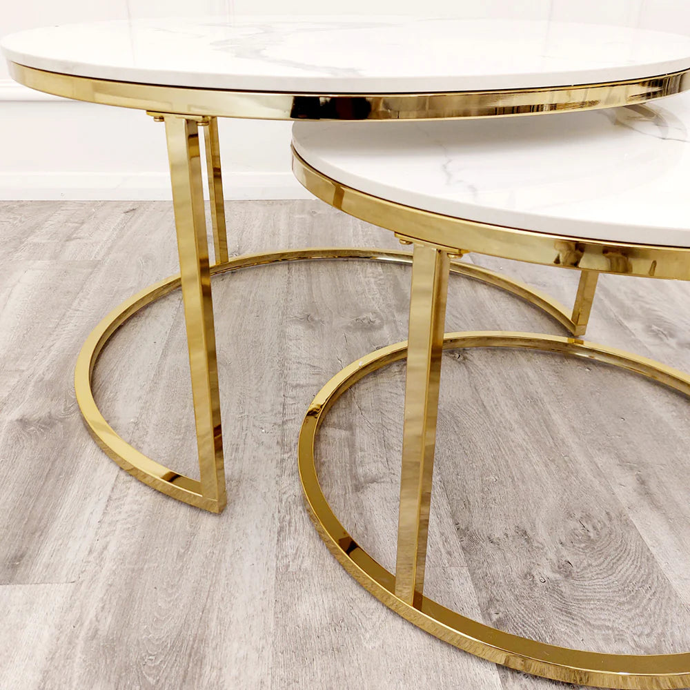 Halo Nest of 2 Short Round Coffee Gold Tables with Polar White Sintered Stone Tops