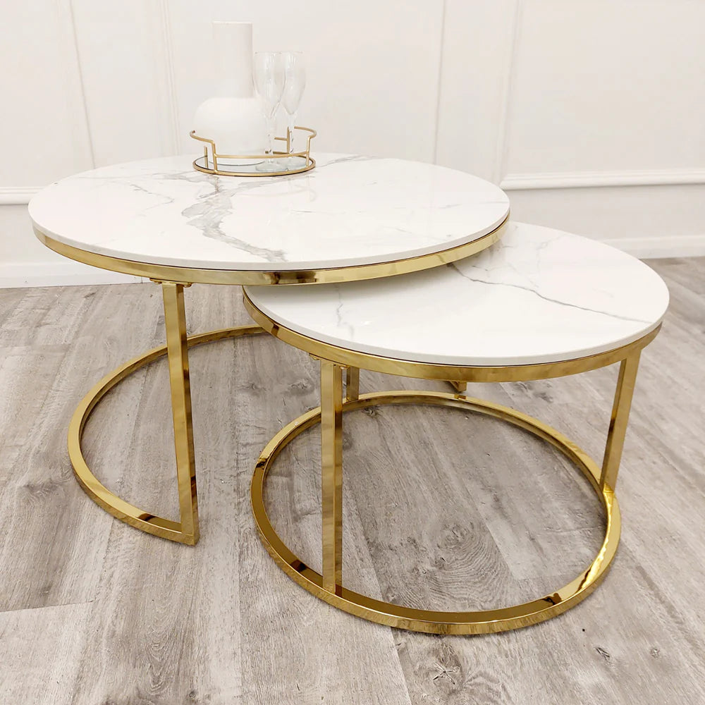 Halo Nest of 2 Short Round Coffee Gold Tables with Polar White Sintered Stone Tops