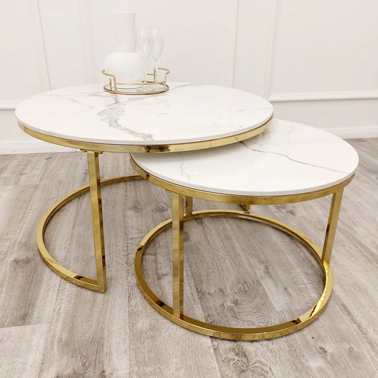 Halo Nest of 2 Short Round Coffee Gold Tables with Polar White Sintered Stone Tops