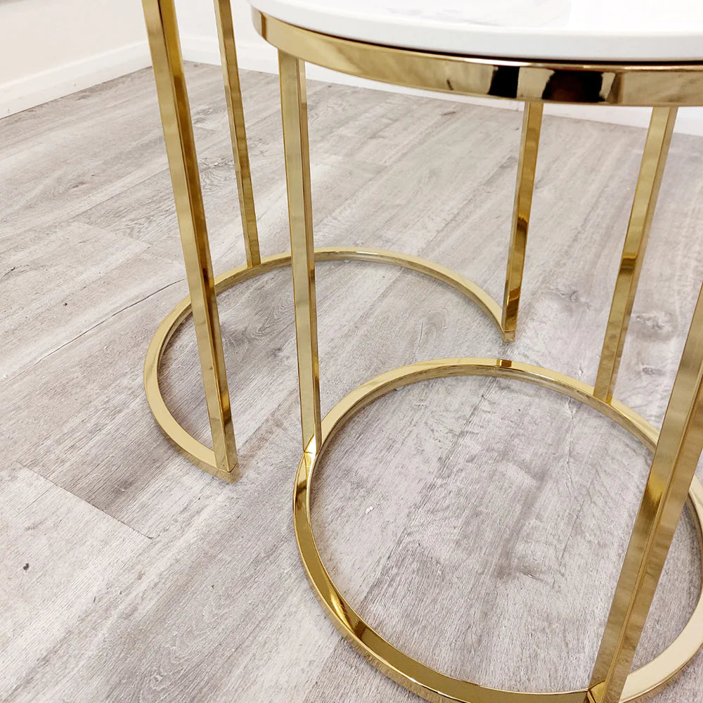 Hallo Nest of 2 Tall Gold End Tables with Polar White Sintered Stone Tops