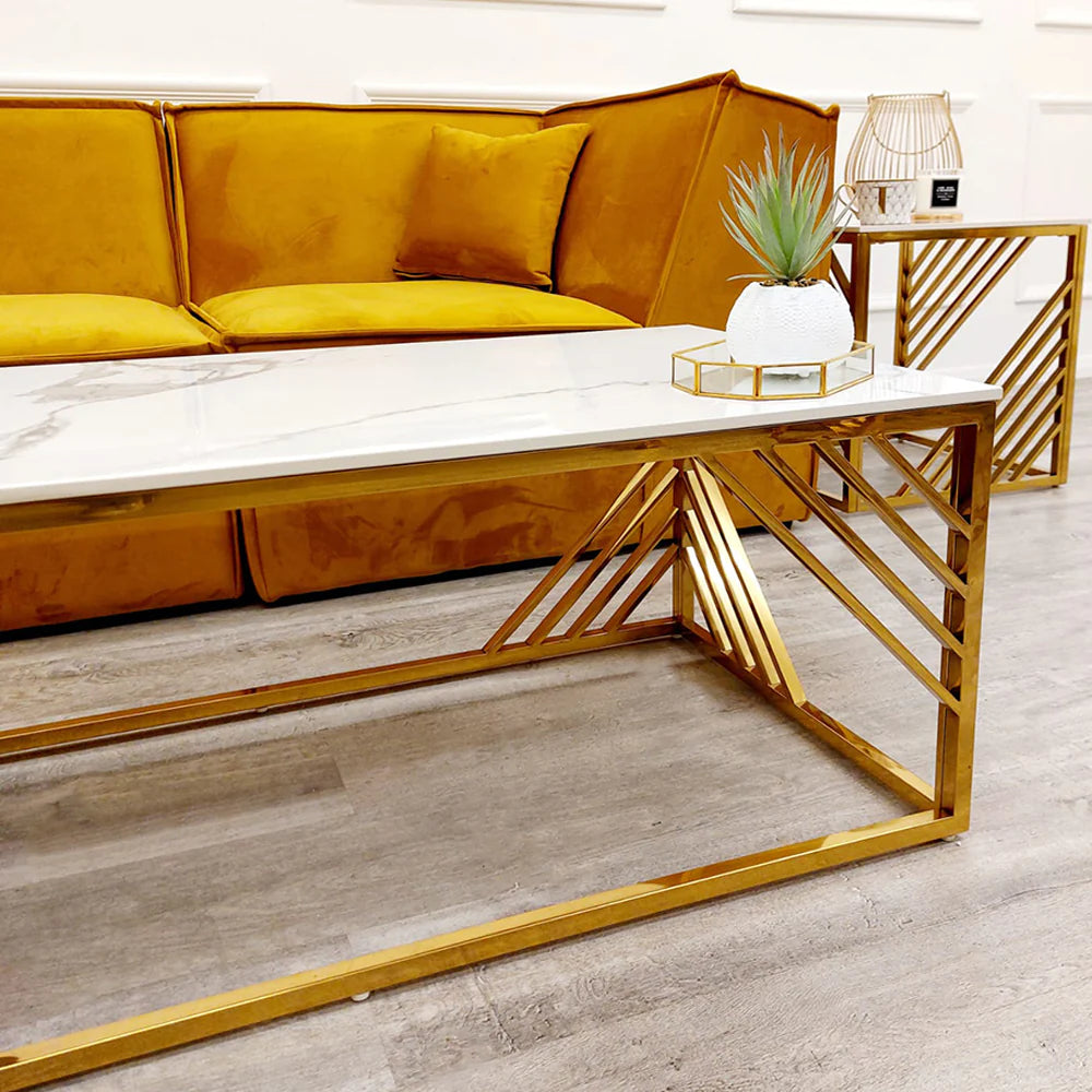 zura Gold Coffee Table with Polar White Sintered Top