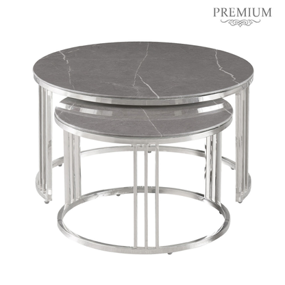 Set of 2 Chrome Metal Coffee Table with Grey Marble Design Glass Top Coffee Table