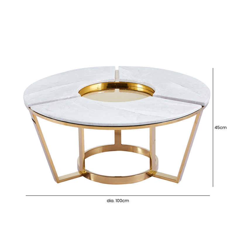 100cm Round Gold Metal with White Faux Marble Top Coffee Table