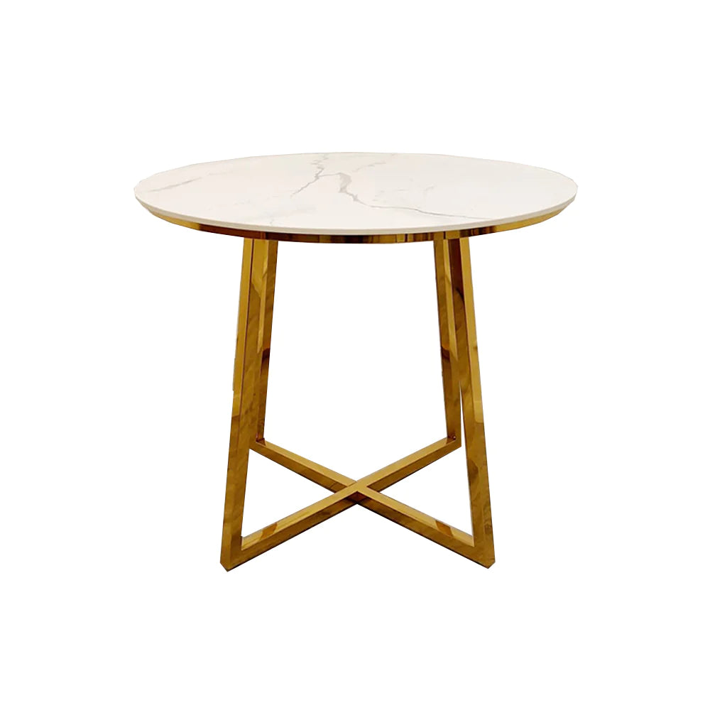 Jalo Gold 90cm Round Dining Table with Polar White Sintered Stone Top