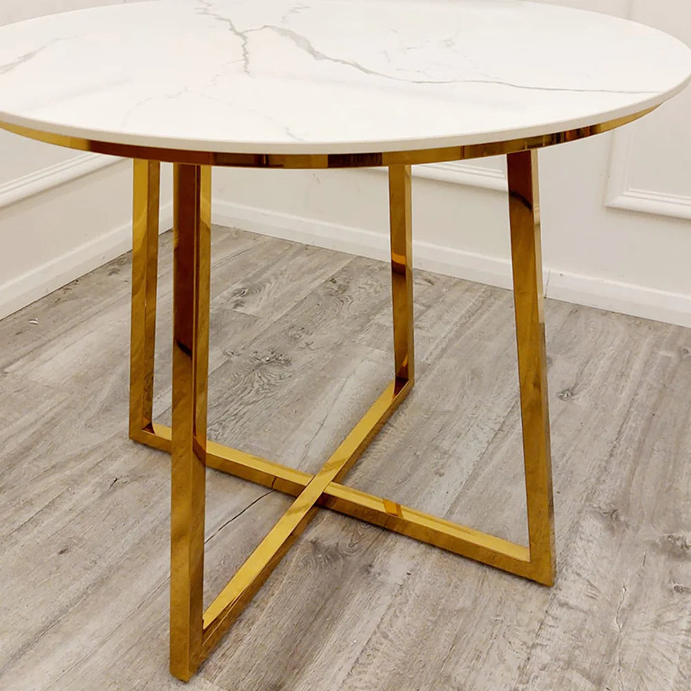 Jalo Gold 90cm Round Dining Table with Polar White Sintered Stone Top